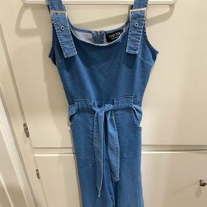 Denim jumpsuit with tie belt